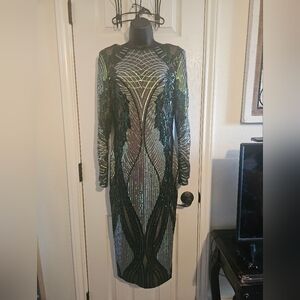 Dress the Population Black and Green Sequin Gown